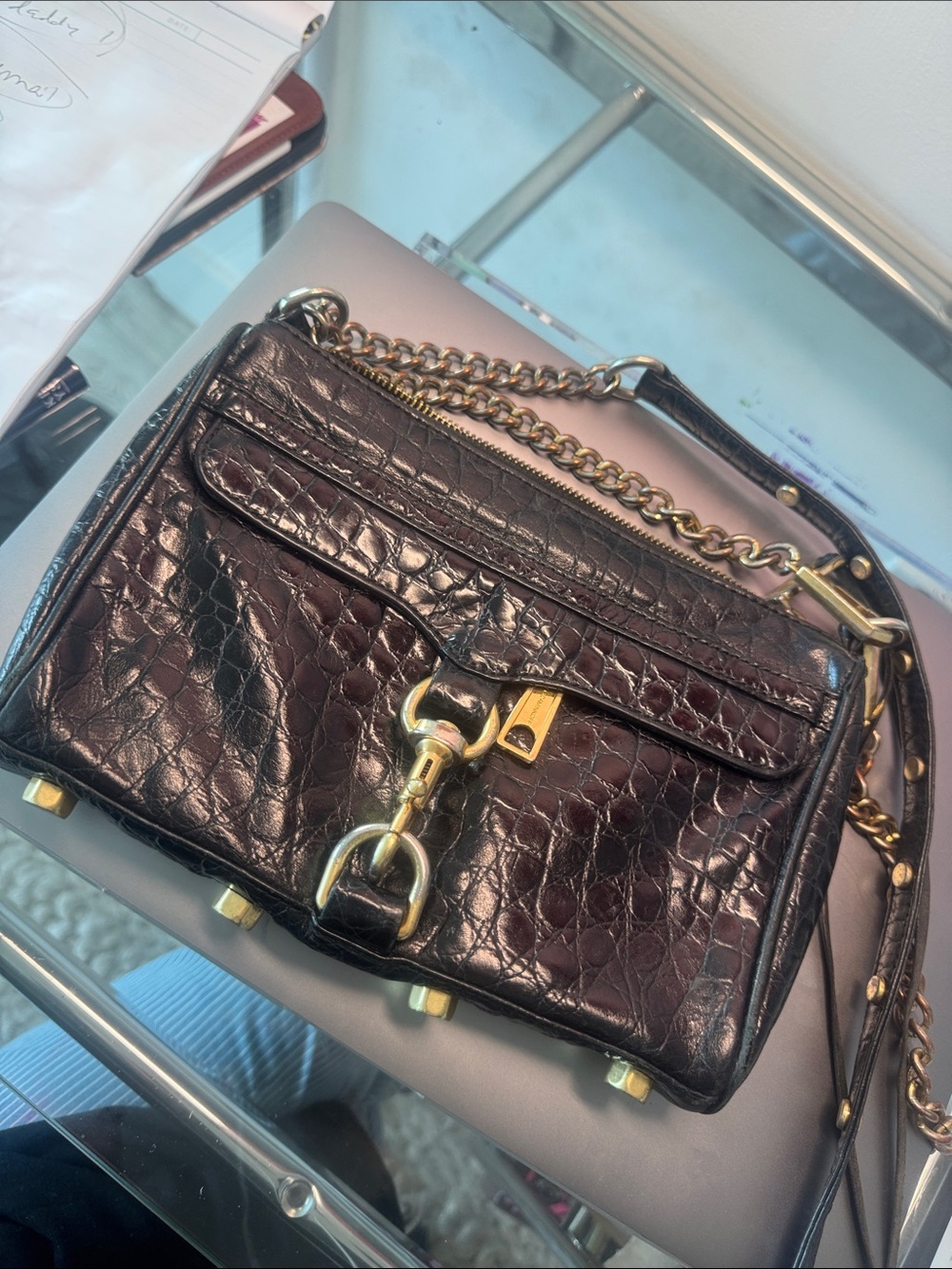 Rebecca minkoff Black Croc-Embossed Leather Shoulder Bag with Gold Hardware
